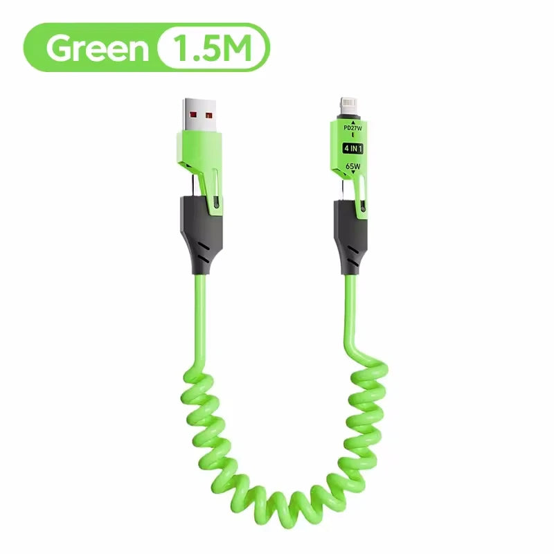 65W Quick Charger Spring USB Cable 4 in 1 Spring Data Cable 6A USB Type C Spring Telescopic Wire for iPhone iPad MacBook Huawei