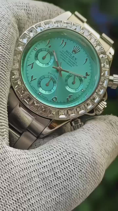 Rolex Daytona With Platinum case, ice blue dial, and a diamond-set bezel