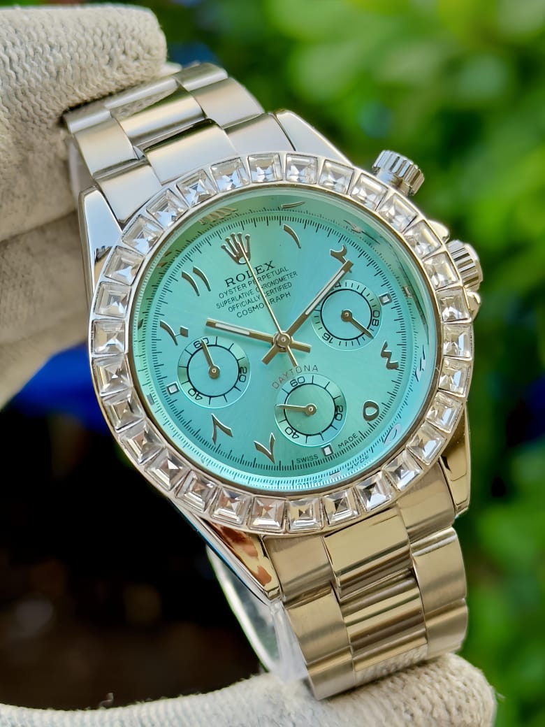 Rolex Daytona With Platinum case, ice blue dial, and a diamond-set bezel