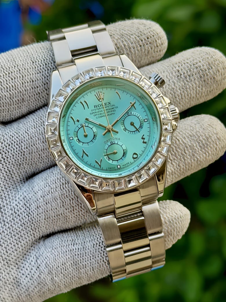 Rolex Daytona With Platinum case, ice blue dial, and a diamond-set bezel