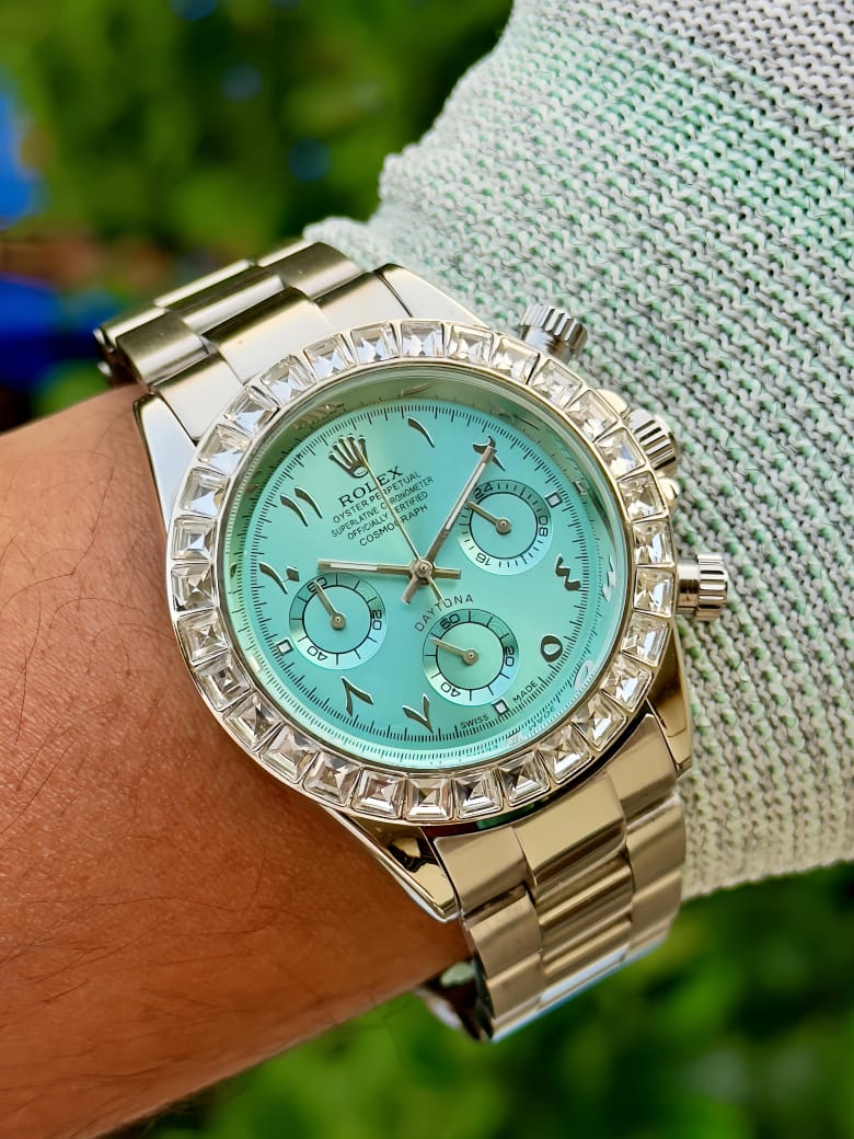 Rolex Daytona With Platinum case, ice blue dial, and a diamond-set bezel