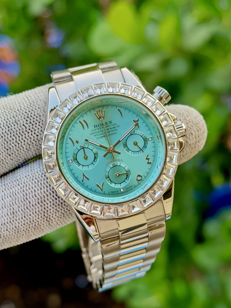 Rolex Daytona With Platinum case, ice blue dial, and a diamond-set bezel